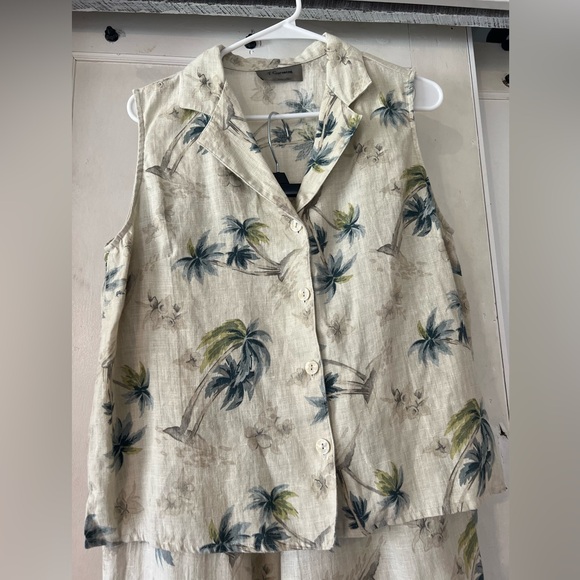 2 PIECE LINEN SET SZ 14 EUC TROPICAL CREAM BLUE GREEN PRINT VACAY RESORT BEACHY - Picture 2 of 12